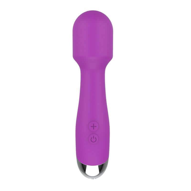 Massagers: purple handheld massager with a rounded head, slim control handle, plus and power buttons, and a loop base