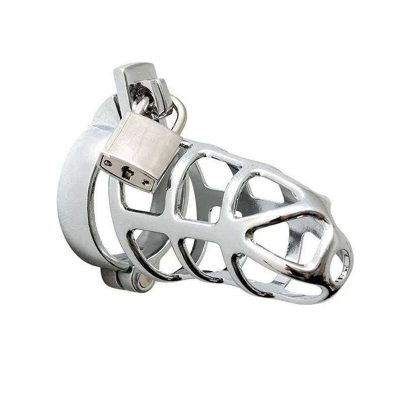 Metal-Chastity Rings in polished silver-tone metal, featuring an open cage design, locking clasp, and adjustable band