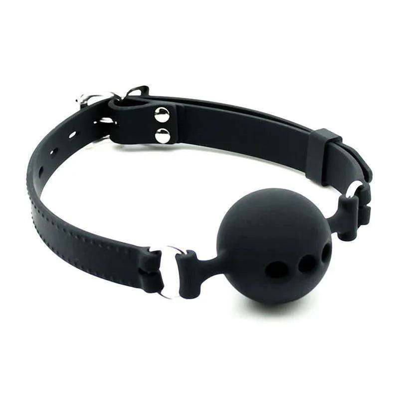 Gags black adjustable strap with a smooth rubber ball and three round openings, secured by metal snaps