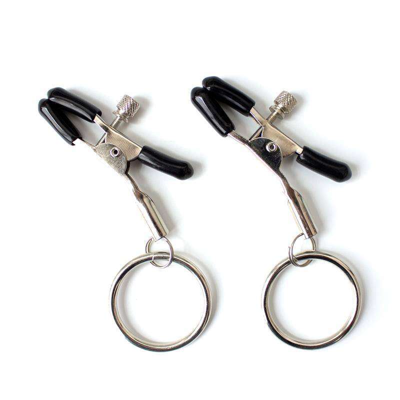 Nipple Clamps with polished silver metal arms, black padded tips, adjustable knurled screws and circular rings