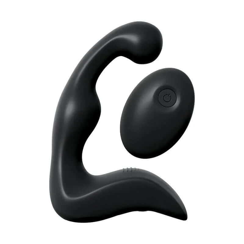 P-Spot black silicone personal massager with a curved body, rounded tip and separate oval power button