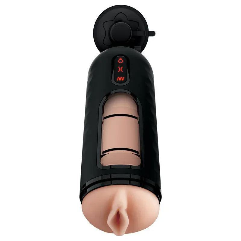 PDX ELITE black handheld device with a clear central chamber, red control icons and a rounded silicone opening