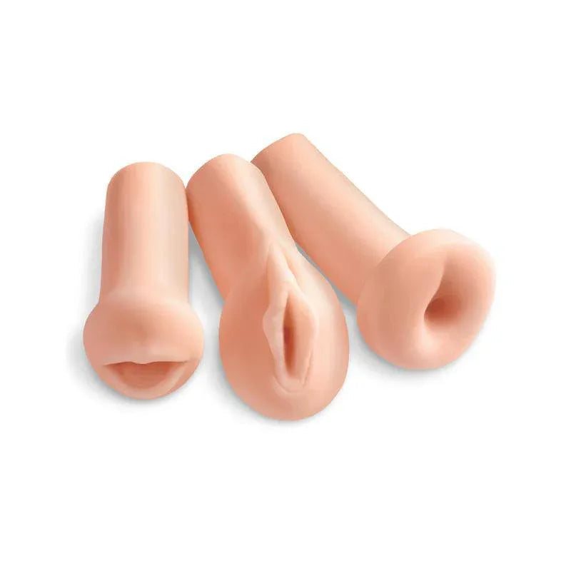 PDX TOYZ silicone pleasure sleeves in peach tones, featuring varied realistic openings and textured contours