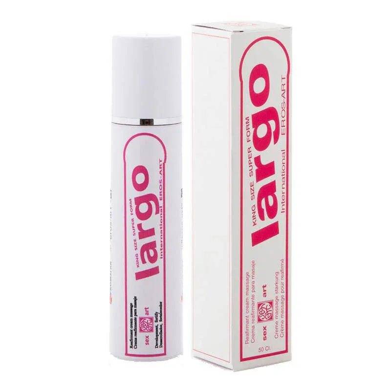 Penis Enlargement cream in a white cylindrical bottle with a pink label and matching white and pink carton.