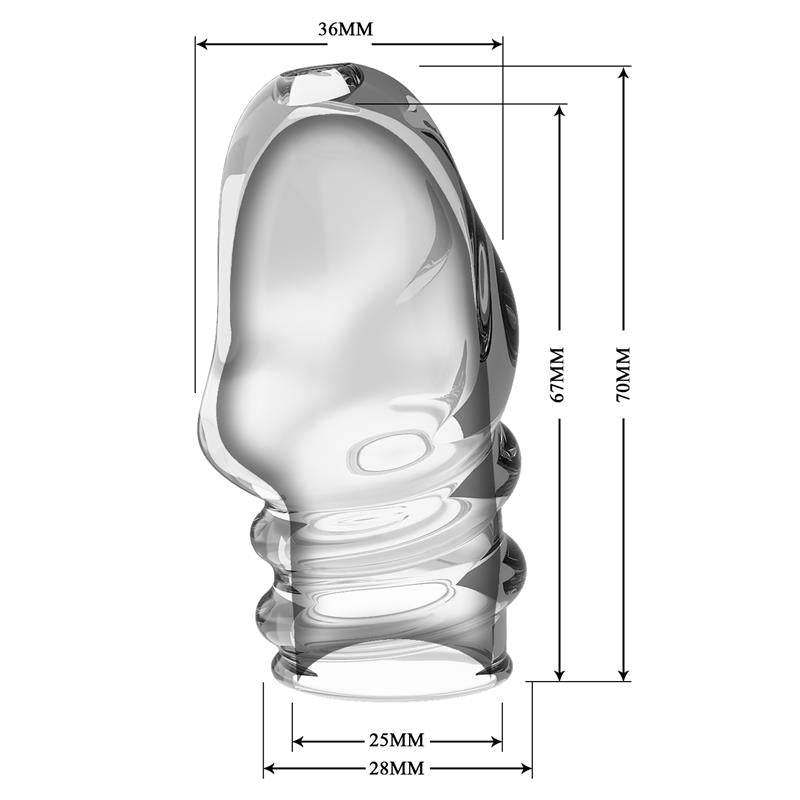 Penis Sleeves in translucent clear silicone with a smooth rounded tip, ribbed shaft and measurement diagram