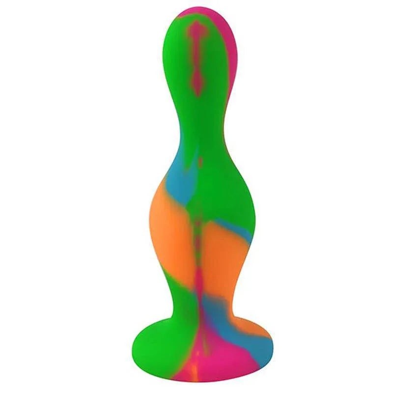 Plugs are a small smooth silicone accessory with a flared base and vivid green, orange, blue and pink marbling