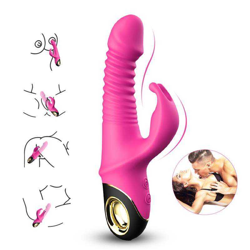 Rotators and Vibrators pink ribbed dual-stimulation vibrator with curved external arm, button controls and black-gold base