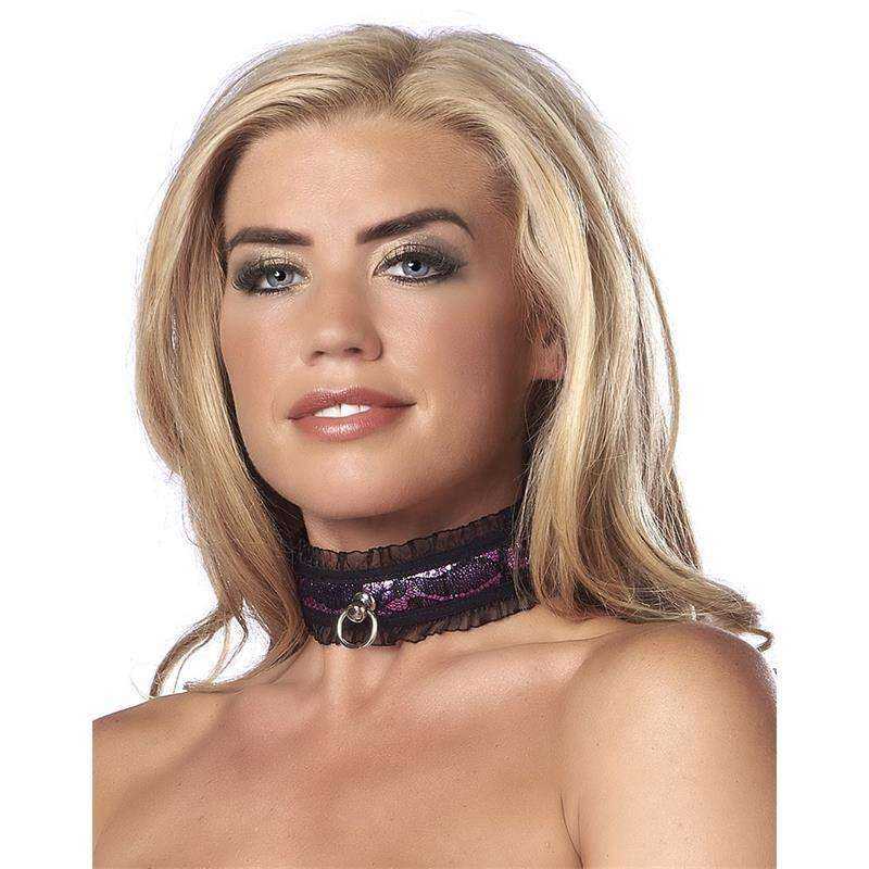 Collars featuring a black lace choker with shimmering purple accents and a silver-tone ring detail
