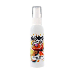 Sprays/Gloss in a white spray bottle with a clear cap, colorful fruit graphics and Ginger Citrus Crush label