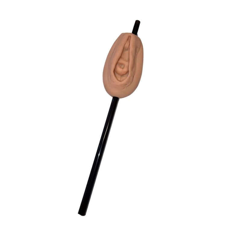 Straws with a glossy black drinking tube and a peach-colored novelty topper shaped like a face