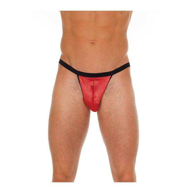 Slips, Thongs and Boxers featuring a red men's thong with black elastic waistband and narrow straps