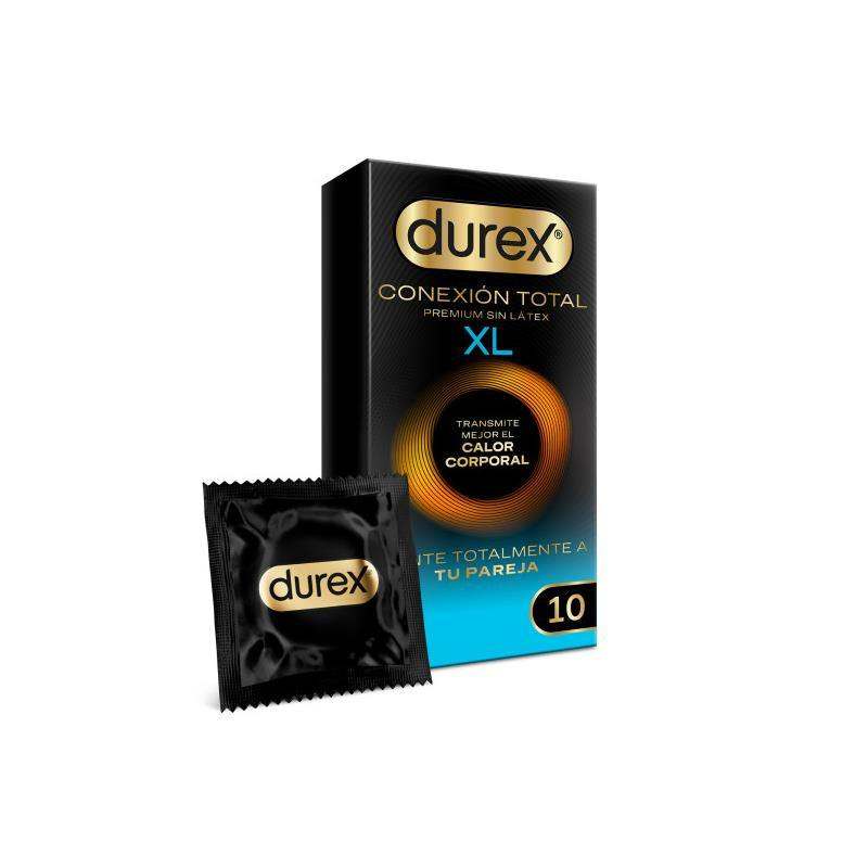 Super Fine Durex XL latex condoms in black and turquoise packaging, with a black foil-wrapped condom featuring the brand logo