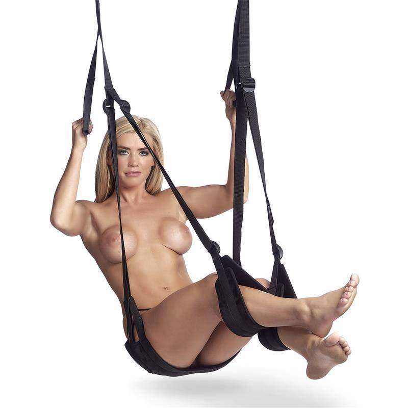 Swings/Furniture black fabric suspension swing with adjustable straps and a supportive seated sling