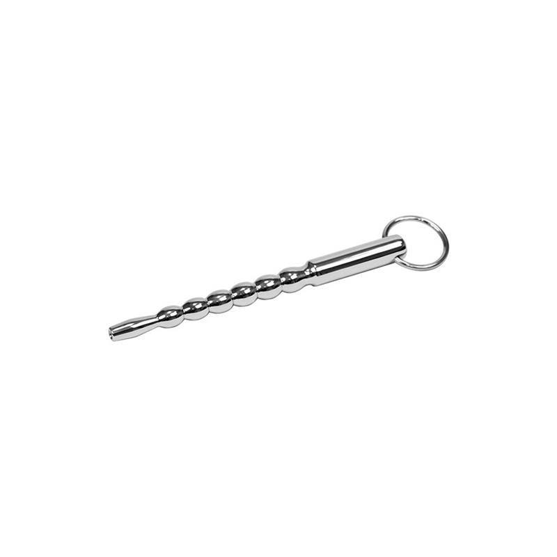 Urethra Dilators, polished silver metal rod with graduated rounded ridges and a circular key ring handle