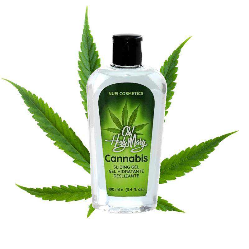 Vegan Products clear cannabis sliding gel bottle with a black cap, green leaf label and cannabis foliage
