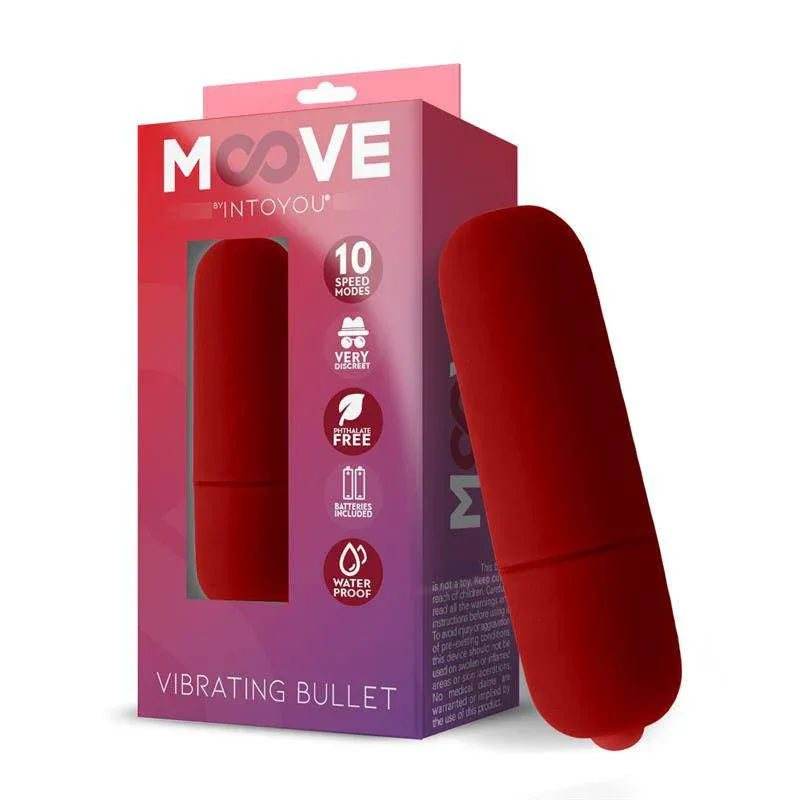 MOOVE red silicone vibrating bullet with a smooth rounded shape, shown beside its pink and purple retail box
