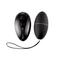 Vibrator Eggs in glossy black, egg-shaped design with a wired remote, visible button controls and a matching oval control unit