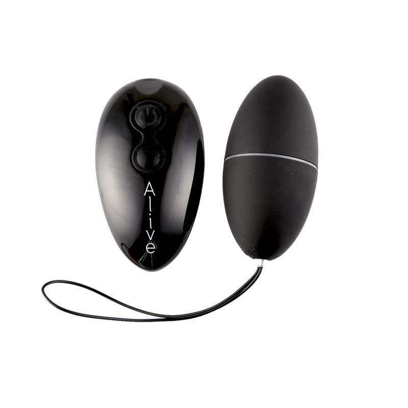 Vibrator Eggs in glossy black, egg-shaped design with a wired remote, visible button controls and a matching oval control unit
