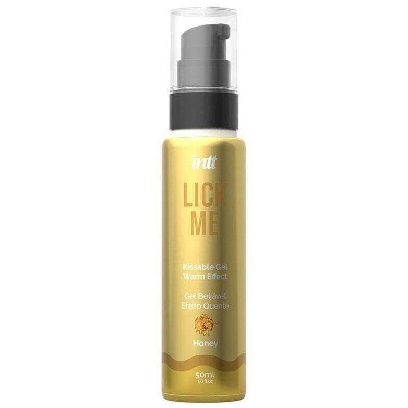 Warming Lubricants gold honey kissable gel in a clear-capped bottle with black pump and warm effect label