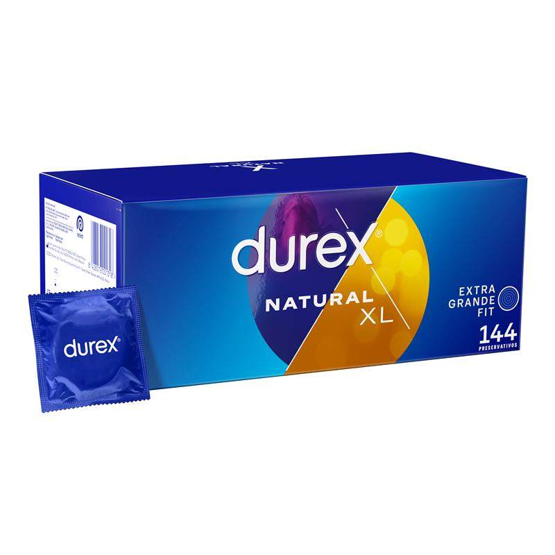 XL Size Durex Natural XL condom box in blue packaging with orange accents and a matching blue foil packet