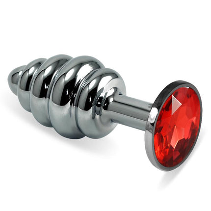Spiral Butt Plug Rosebud with red jewel, metal anal plug with rounded tip, slim neck, spiral shaft and base