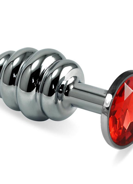 Spiral Butt Plug Rosebud with red jewel, metal anal plug with rounded tip, slim neck, spiral shaft and base
