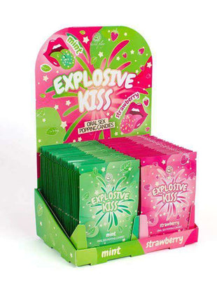Display of 48 oral sex popping candies in strawberry and mint flavors in single-dose sachets