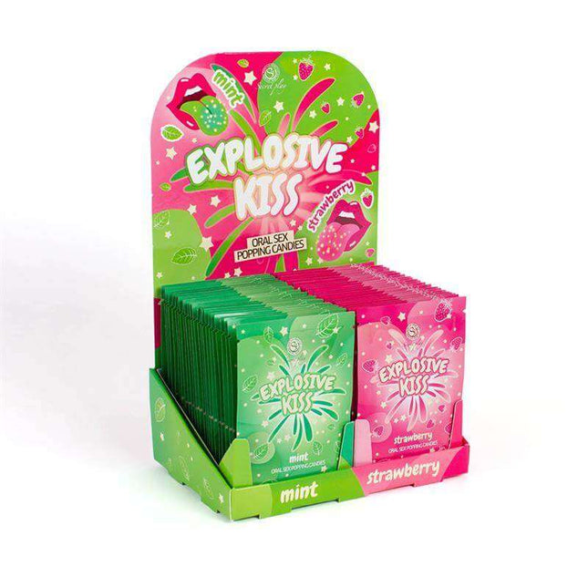 Display of 48 oral sex popping candies in strawberry and mint flavors in single-dose sachets