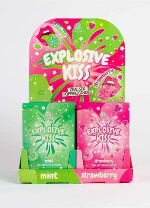 Oral Sex Popping Candies display with 48 units, strawberry and mint flavors in single-use sachets