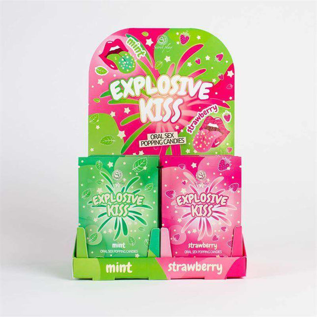 Oral Sex Popping Candies display with 48 units, strawberry and mint flavors in single-use sachets