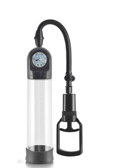 Penis Pump with Pressure Gauge Maximizer Worx VX2 with transparent ABS cylinder, hand lever, and silicone base sleeve