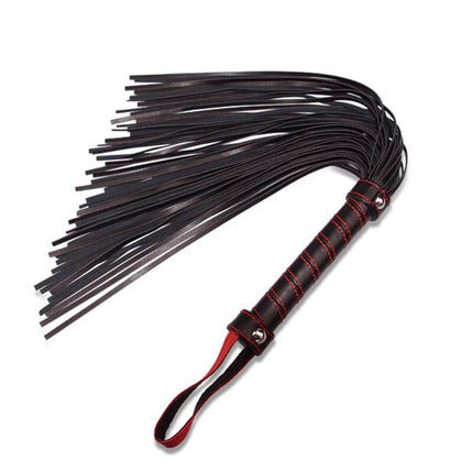 Beginners Flogger Bondage Black with black faux leather tails and easy-grip handle, 18 inch spanking tool