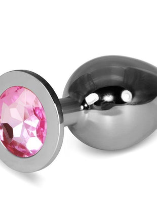Metal Butt Plug RoseBud Classic size L with pink jewel, rounded tip, slim neck, and rounded base