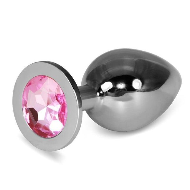 Metal Butt Plug RoseBud Classic size L with pink jewel, rounded tip, slim neck, and rounded base