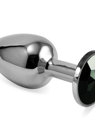 Butt Plug Silver Rosebud Classic size S in nickel-free metal with rounded tip, slim neck, rounded base, and black jewel