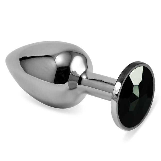 Butt Plug Silver Rosebud Classic size S in nickel-free metal with rounded tip, slim neck, rounded base, and black jewel