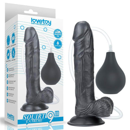Dildo Squirting 10 Black with black PVC shaft, squeeze bulb tube, and suction cup base for harness or hands-free use