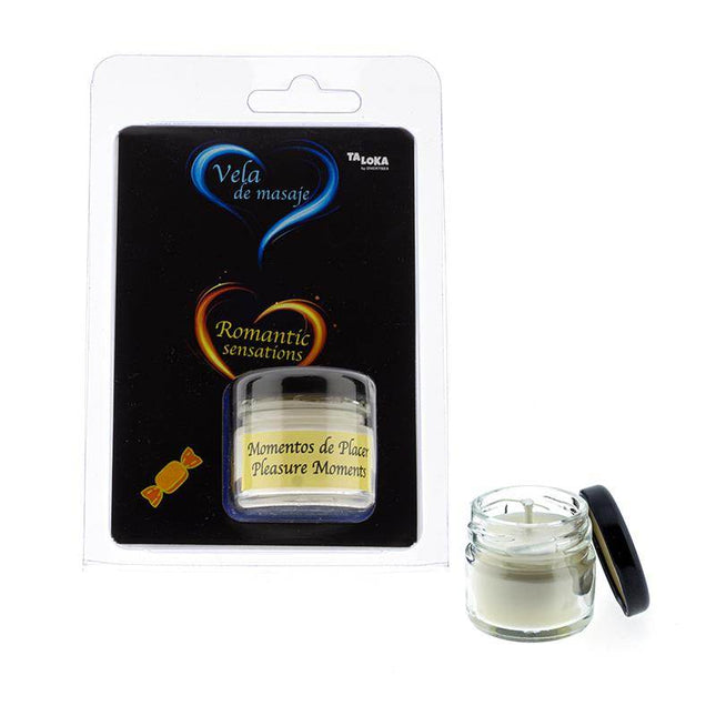 Caramel scented massage candle 30ml with coconut oil, shea butter, and vitamin E in a small glass jar