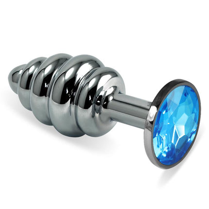 Spiral Butt Plug Rosebud with Blue Jewel in nickel free metal with rounded tip, slim neck, spiral body and jewel base