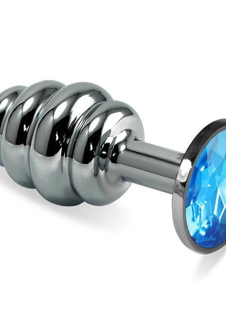 Spiral Butt Plug Rosebud with Blue Jewel in nickel free metal with rounded tip, slim neck, spiral body and jewel base