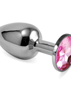 Butt Plug Silver Rosebud Classic size S in nickel-free metal with rounded tip, slim neck, rounded base and pink jewel