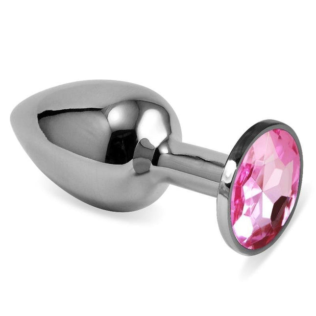 Butt Plug Silver Rosebud Classic size S in nickel-free metal with rounded tip, slim neck, rounded base and pink jewel