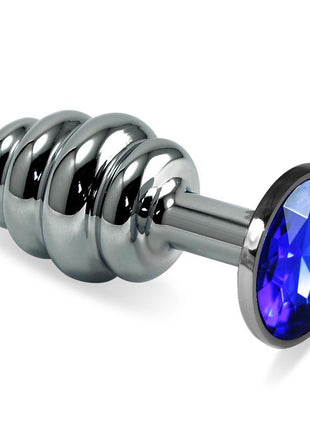 Spiral Butt Plug Rosebud with darkblue jewel, metal anal plug with rounded tip, slim neck, spiral body, and rounded base