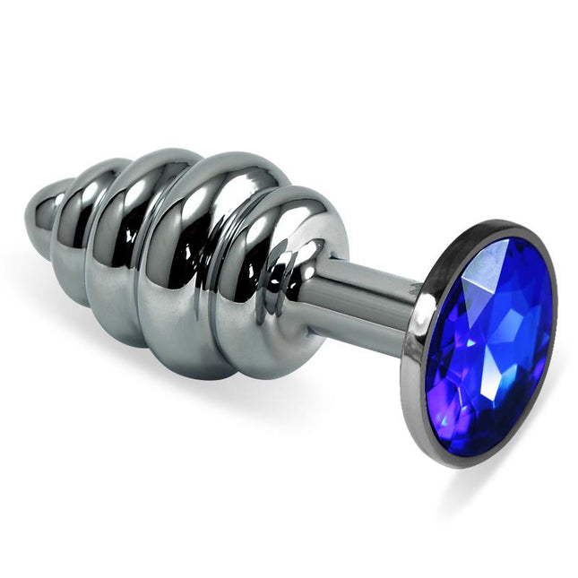 Spiral Butt Plug Rosebud with darkblue jewel, metal anal plug with rounded tip, slim neck, spiral body, and rounded base