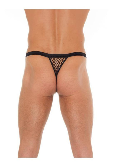 Black string fishnet thong in one size with wide grid pattern