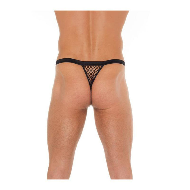 Black string fishnet thong in one size with wide grid pattern