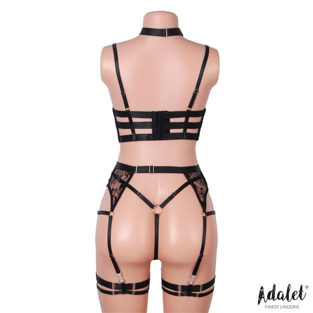 Hyacinth Bra Garter Set in black with thong, stylish lingerie enhancing feminine silhouette and comfort