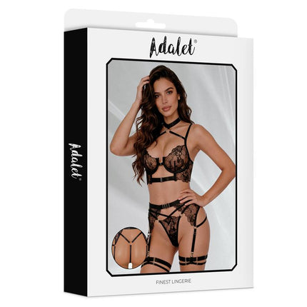 Hyacinth Bra Garter Set and Thong Black