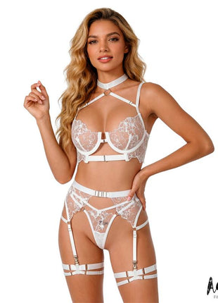 Hyacinth Bra Garter Set with Thong White