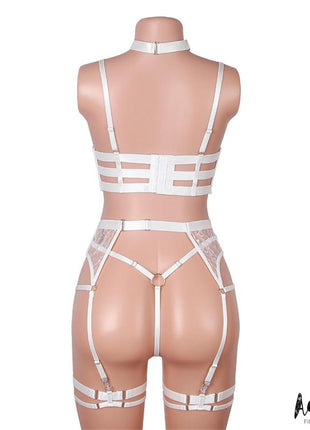 Hyacinth Bra Garter Set with Thong White